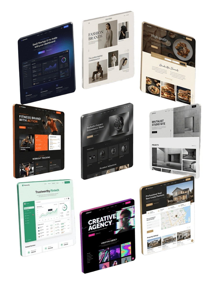 Nine website designs arranged in a floating portfolio display